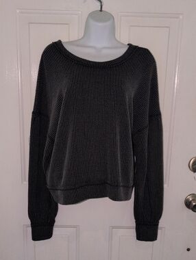 Women's Ribbed Scoop Neck Pullover Sweater - Charcoal